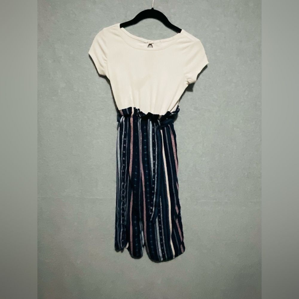 Girls Size 7/8 Striped Wide Leg Romper Jumpsuit White Blue PlayReady